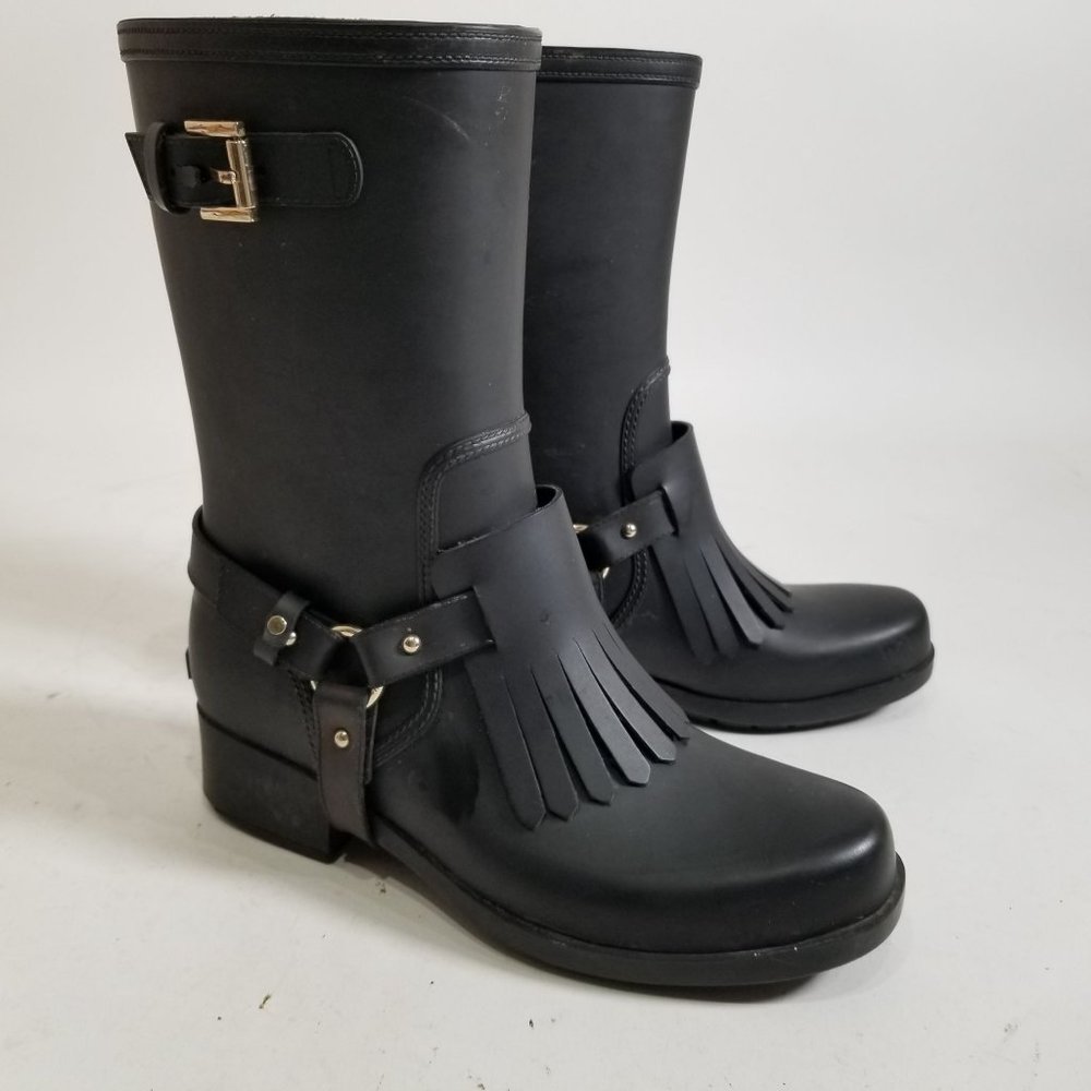 Massimo Dutti Rain Boot Tall Rubber Fringe Black Ring Strap US 6.5 EUR 37 - Picture 3 of 16